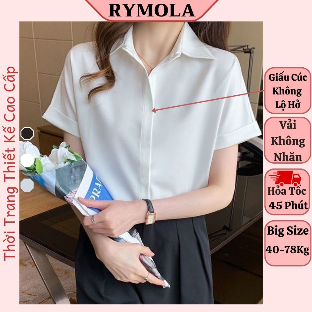 Áo sơ mi trắng nữ học sinh kiểu công sở mola màu trắng đen kem from rộng tay ngắn hàn quốc chất lụa cao cấp không nhăn