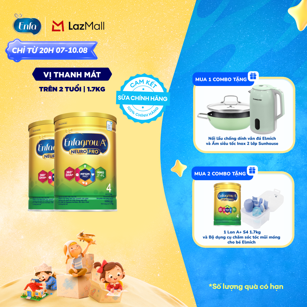 [TỪ 13/08 MUA LÀ CÓ QUÀ] Bộ 2 lon sữa bột Enfagrow A+ Neuropro 4 với DHA giúp phát triển não bộ cho trẻ từ 2-6 tuổi - 1.7kg/lon