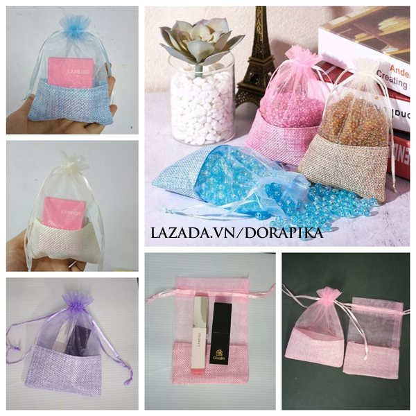 Set 6 túi vải bố kết hợp vải voan có dây rút satin kích thước 10x14 làm quà tặng