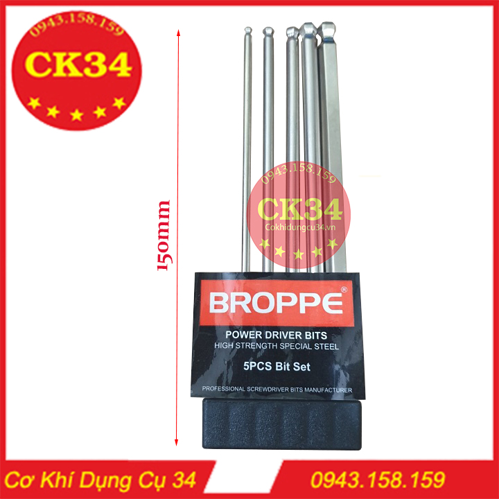 Bộ 5 đầu lục giác bi bóng dài 150mm chuôi lục giác dành cho khoan pin, điện hãng Broppe cao cấp