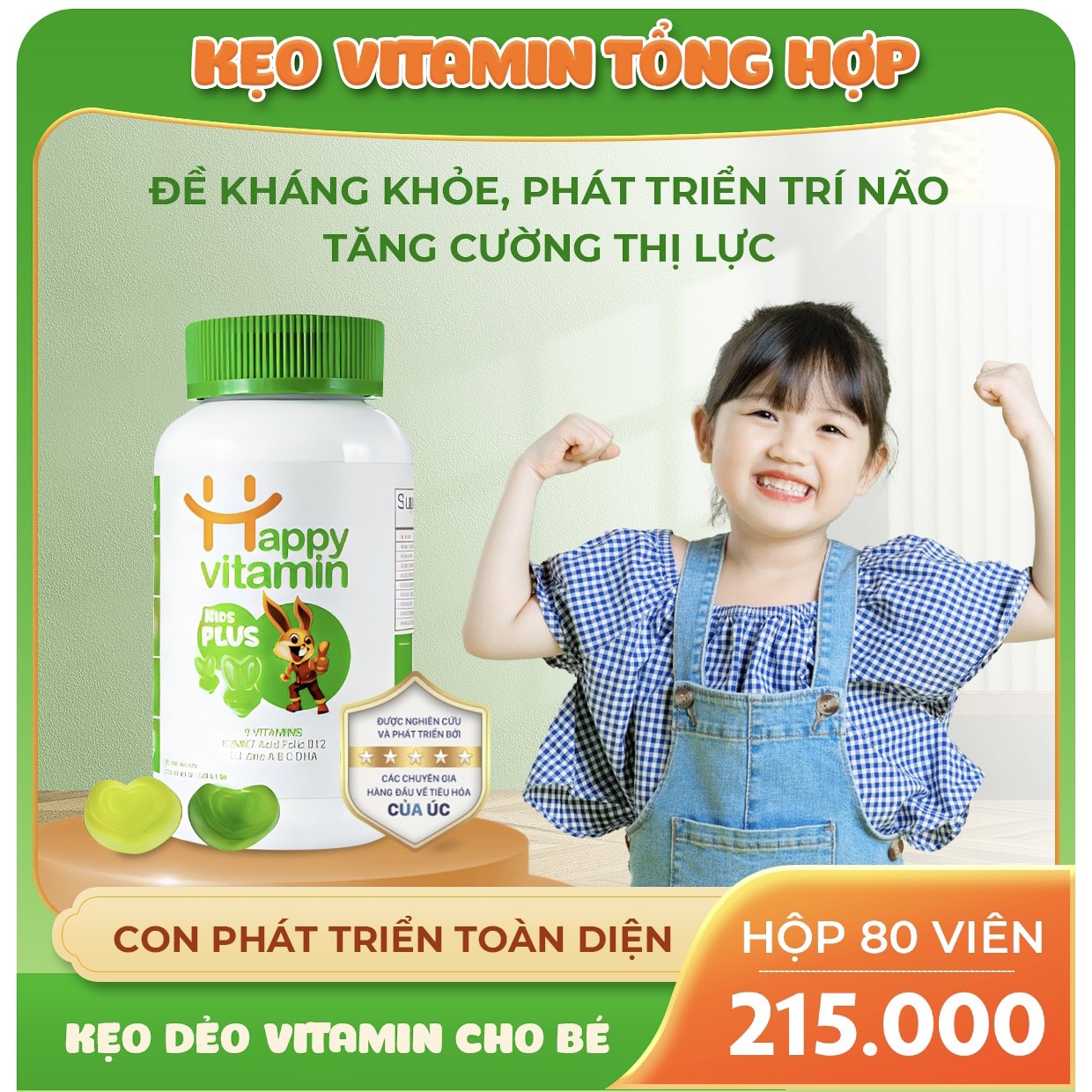 Kẹo dẻo Vitamin tổng hợp cho bé Kids Plus+ có D3K2,A,B12,C,DHA giúp con ăn ngon, tăng đề kháng cho trẻ - Happy Vitamin