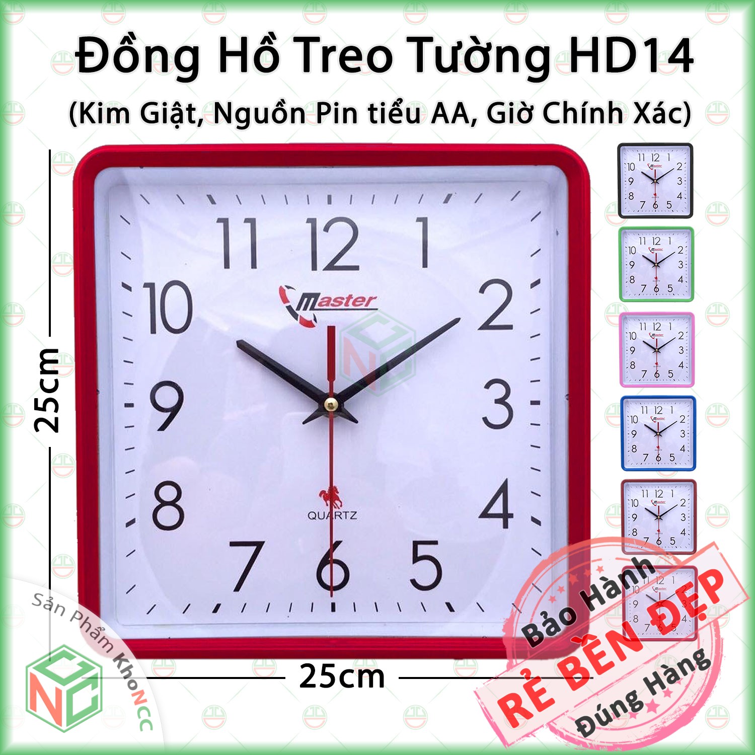 [KhoNCC] Đồng Hồ Treo Tường HD14 Kim Giật Mặt Vuông Nền Trắng Giá Rẻ - NDHQL-HD14-D1 (Nhiều màu)