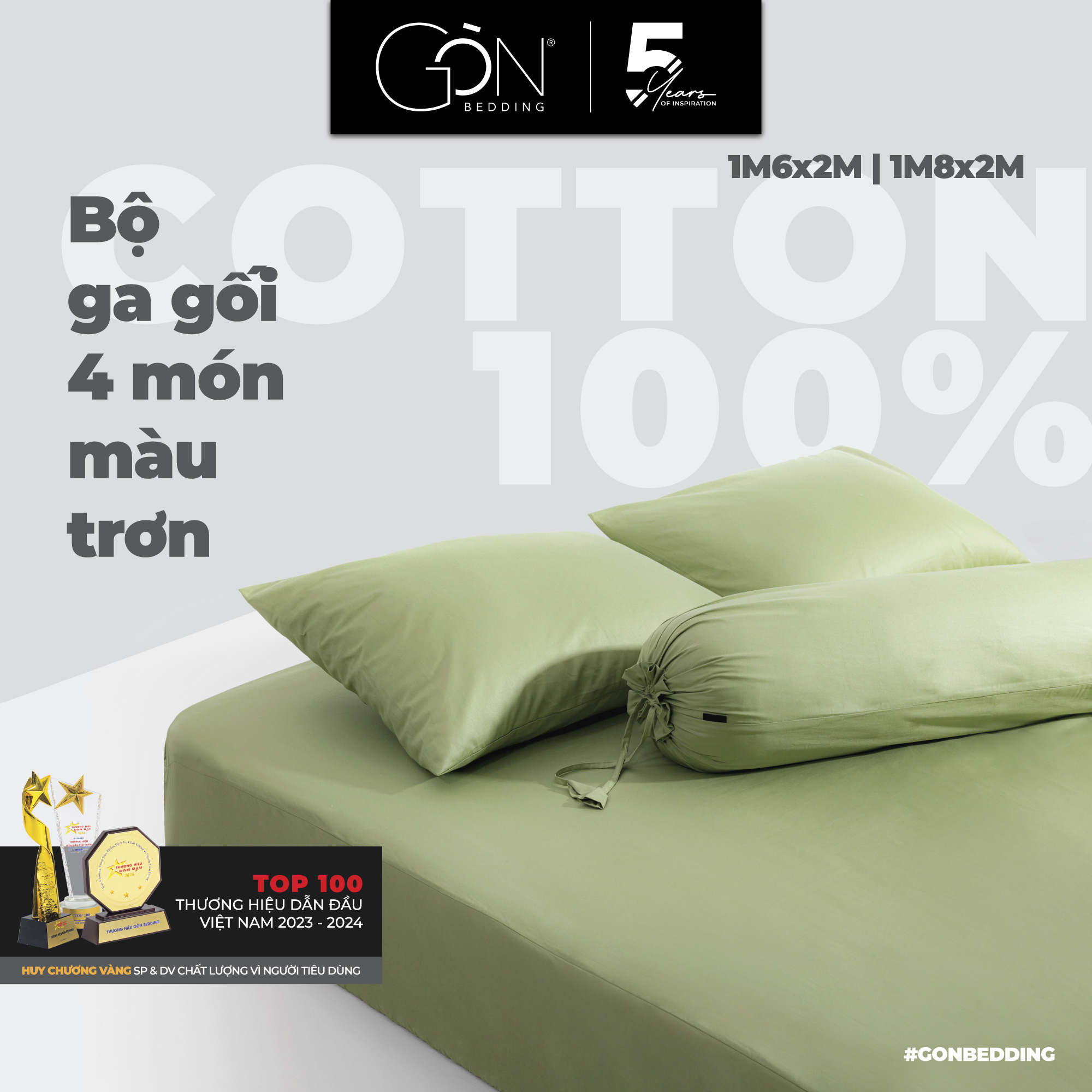Bộ Ga Gối 4 Món Gòn Bedding Cotton 100% Hàn Quốc Màu Trơn (02 vỏ gối nằm, 01 vỏ gối ôm, 01 ga giường)
