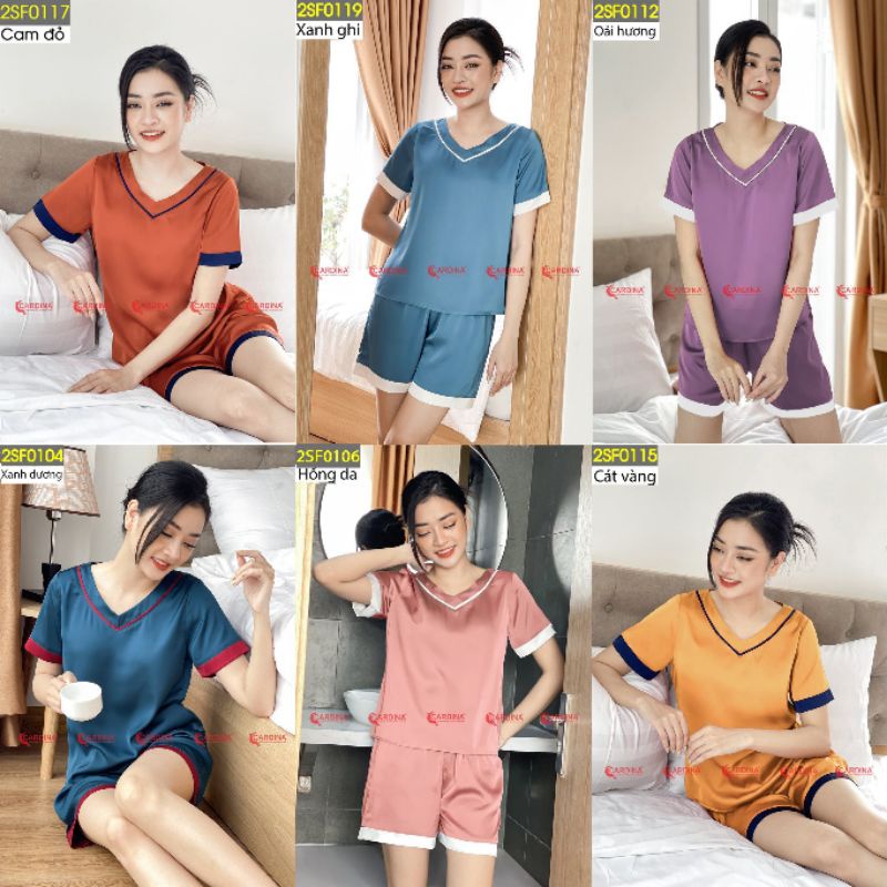 Bộ lụa đùi cộc tay phối viền cardina