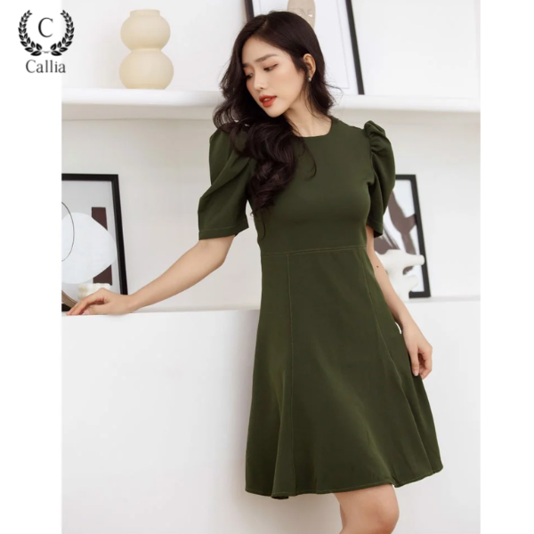 Đầm ngắn tùng xòe tay bồng callia sala màu xanh rêu