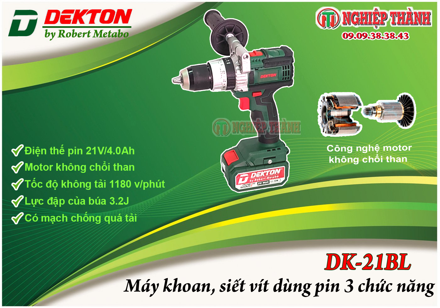 Máy khoan, siết vít pin 21v dekton dk-21bl