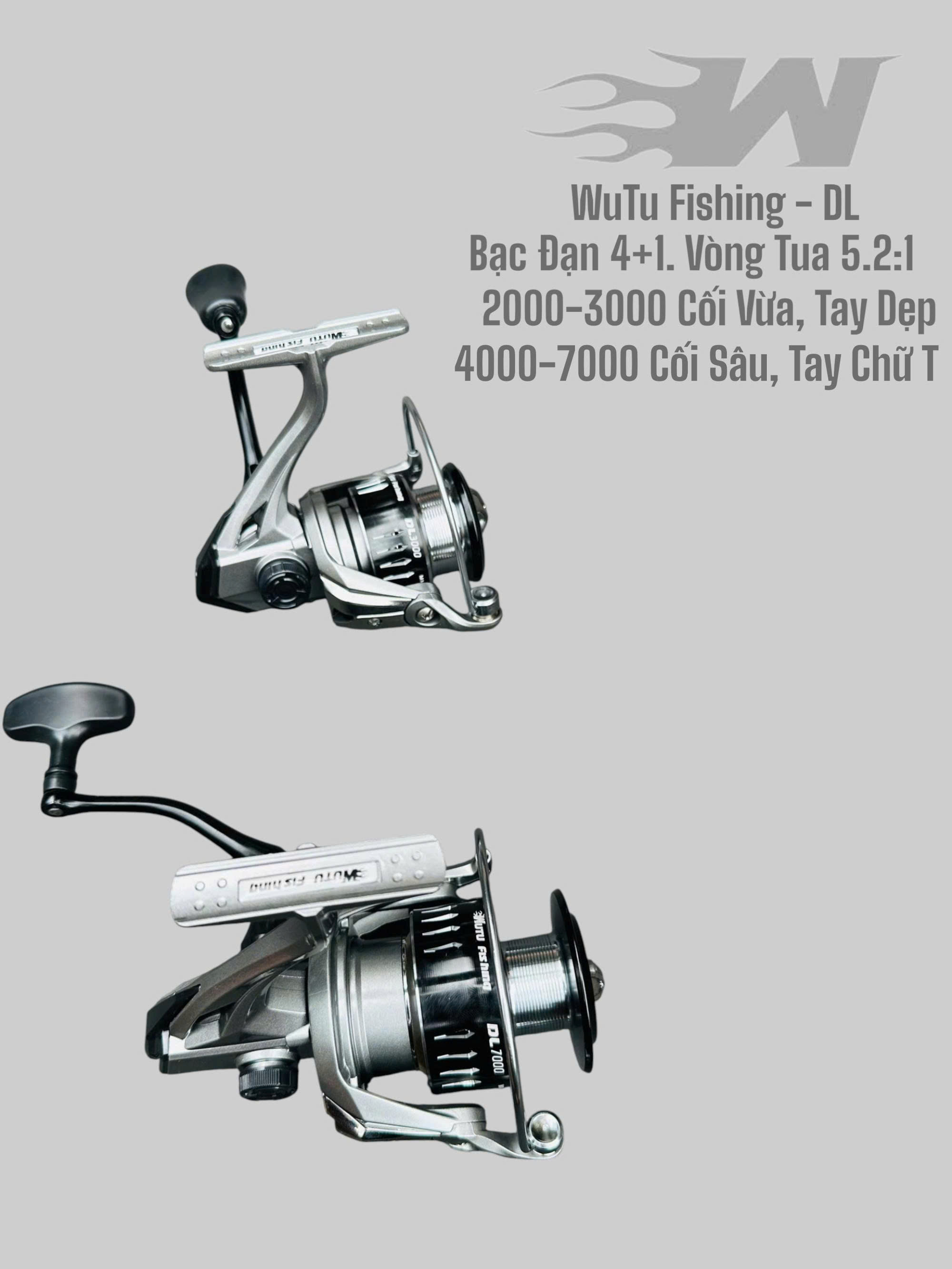 Máy Câu WuTu Fishing - DL 2000 - 7000 Kim Loại Bạc Đạn 4+1 Êm, Mượt