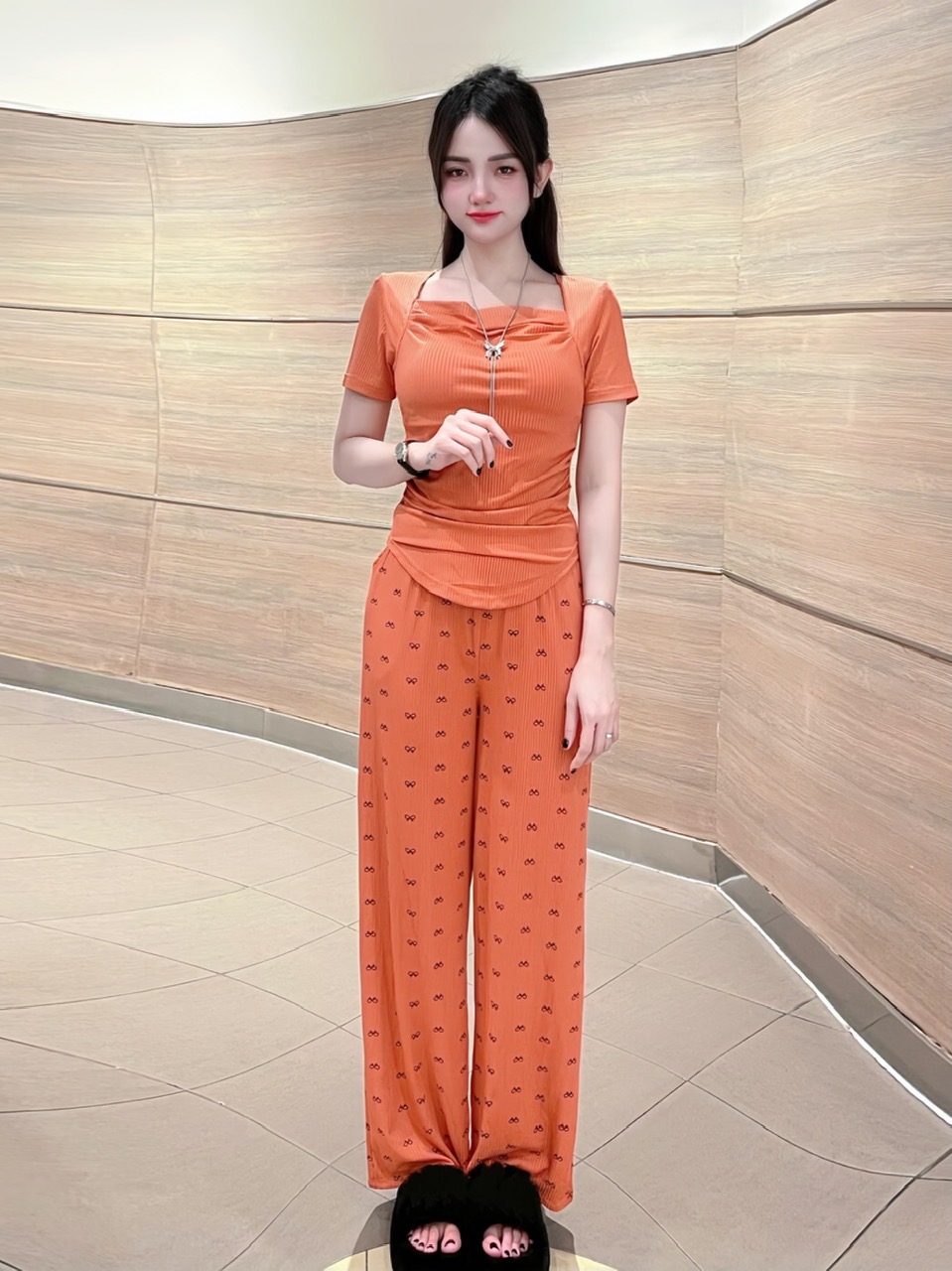 Set đồ bộ nữ thun gân tăm lạnh quần dài ống suông co giãn 4 chiều