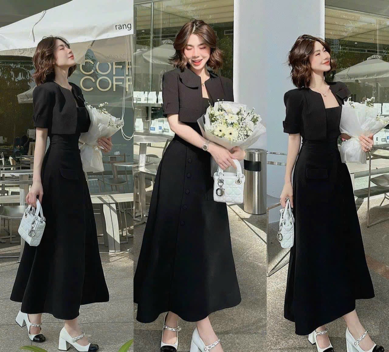 HOÀN TIỀN MAX - Đầm thời trang nữ mặc đi chơi chất cotton lạnh 2 dây maxi túi giả hộp kết nút kèm áo khoác crotop 2 màu đen và trắng