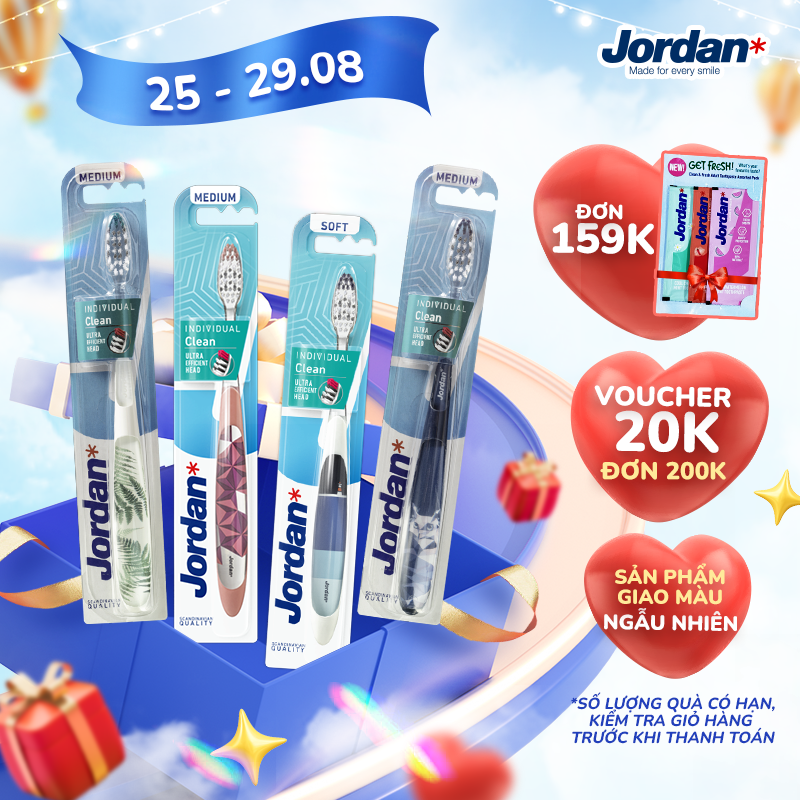 Combo 4 Bàn chải đánh răng Jordan Individual Clean, Lông mềm đan chéo