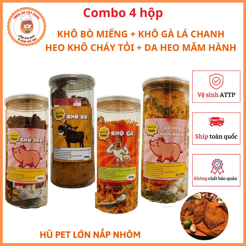 Combo 4 hộp heo khô cháy tỏi + khô gà lá chanh + khô bò miếng hũ pet 300gram + da heo mắm hành , thơm ngon - đậm vị - hũ lớn, trùm ăn vặt nana