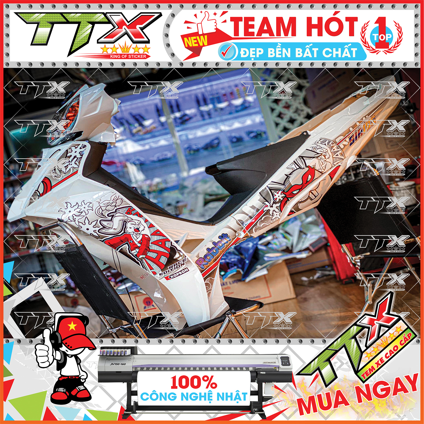 Tem rời sirius thỏ rabbits , Team chế sirius dán xe màu trắng chữ đỏ siêu ngầu , Shop TTX Tem xe sirius