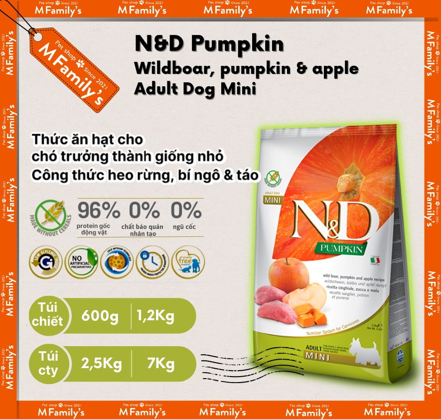 Thức ăn hạt N&D Pumpkin cho chó giống nhỏ vị Heo rừng| Farmina N&D Wild boar, pumpkin, apple Adult Dog Mini