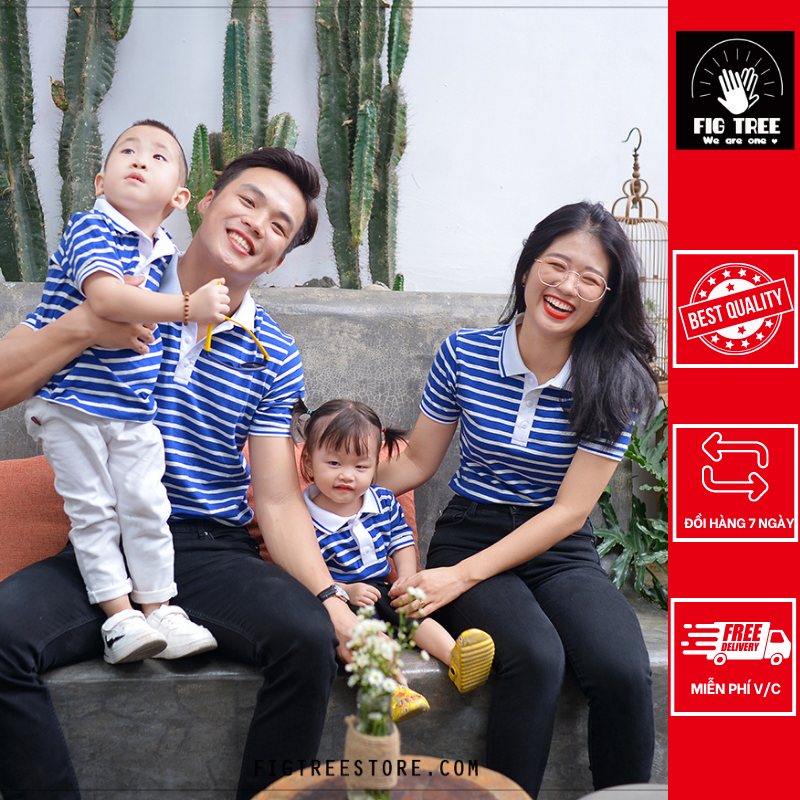 Combo áo thun polo gia đình Fig Tree màu xanh sọc trắng new