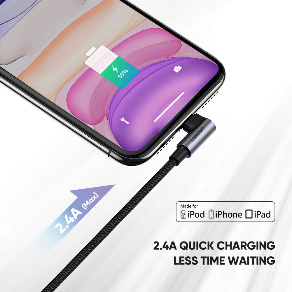 Cáp sạc cổng Lightning cho iPhone/iPad dây bện một đầu vuông góc 90 độ dài 1m US299 Cáp sạc cổng Lightning cho iPhone/iPad dây bện một đầu vuông góc 90 độ dài 1m US299