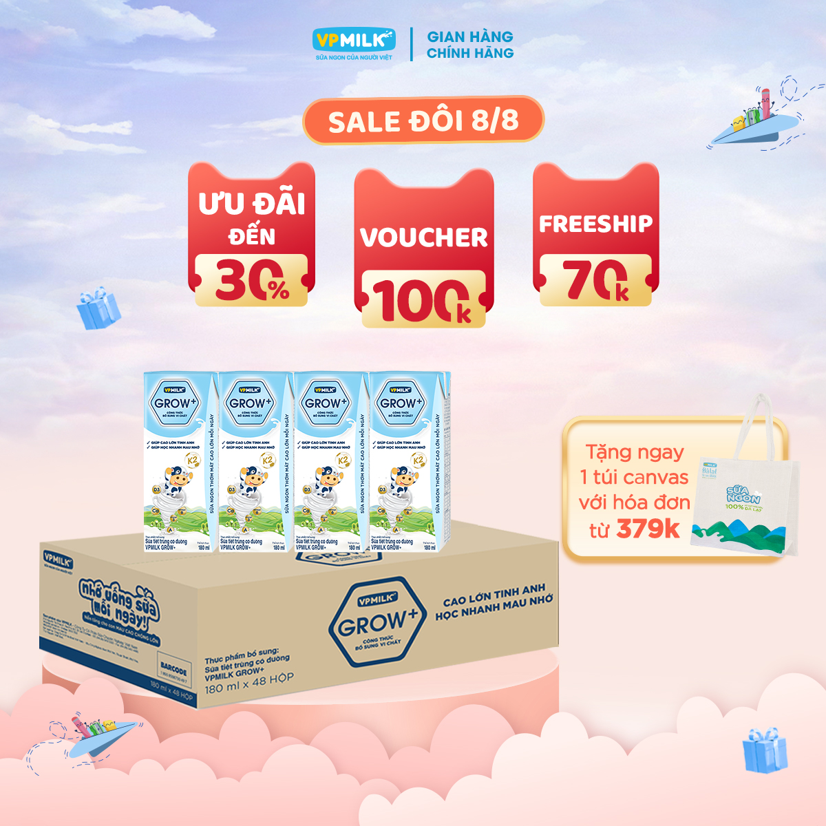 [Thùng 48 Hộp 180ml] Sữa Tiệt Trùng VPMilk Grow+ Có Đường Cho Bé Từ 1 Tuổi