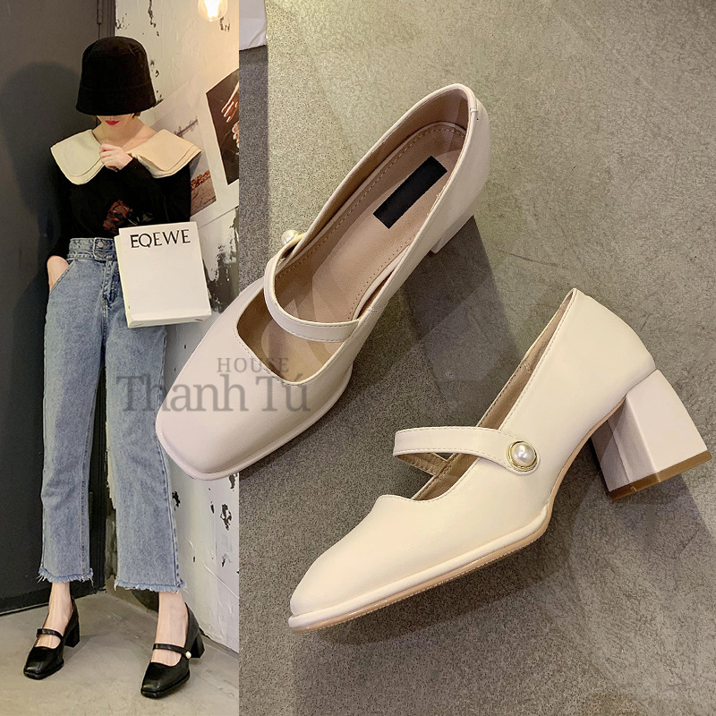 Giày Cao Gót Nữ Mary Jane Mũi Vuông Vintage Cao 5cm - GD001