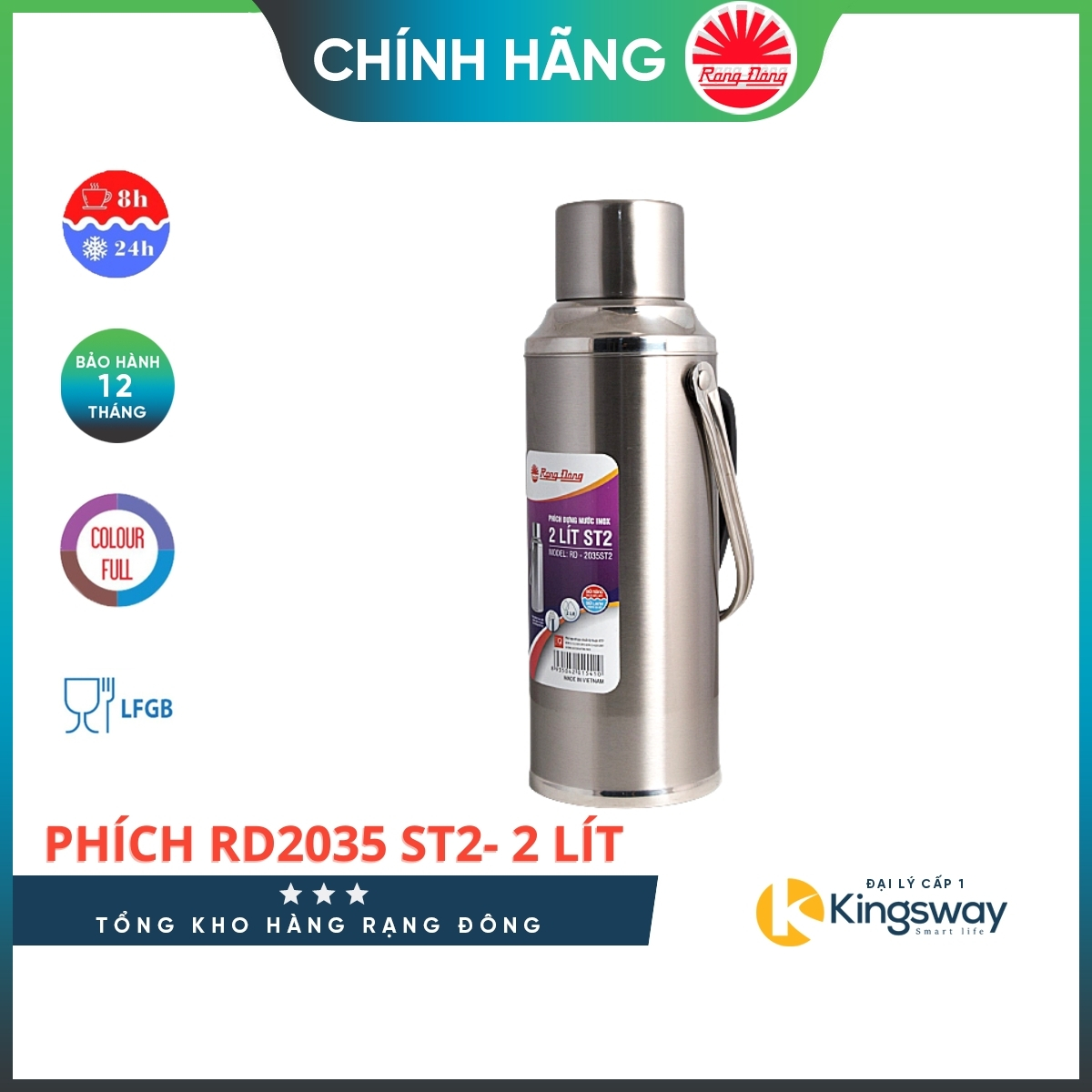 Phích nước Rạng đông, Phích Giữ Nhiệt Inox dung tích 2 lít Model  RD 2035 ST1
