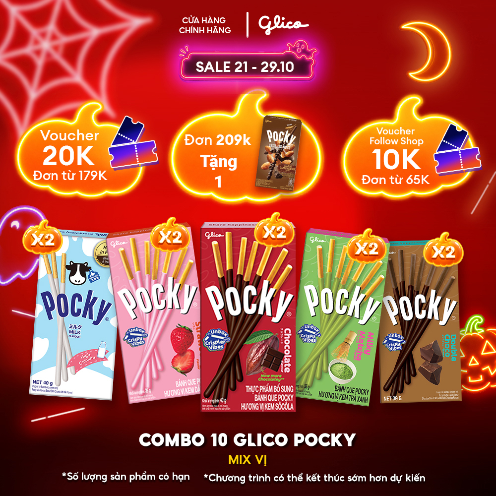 Combo 10 Hộp Bánh Que Phủ Kem Nhiều Vị Glico Pocky (00647_2 Matcha - 2 Dâu - 2 Socola - 2 Double Choco - 2 Sữa)
