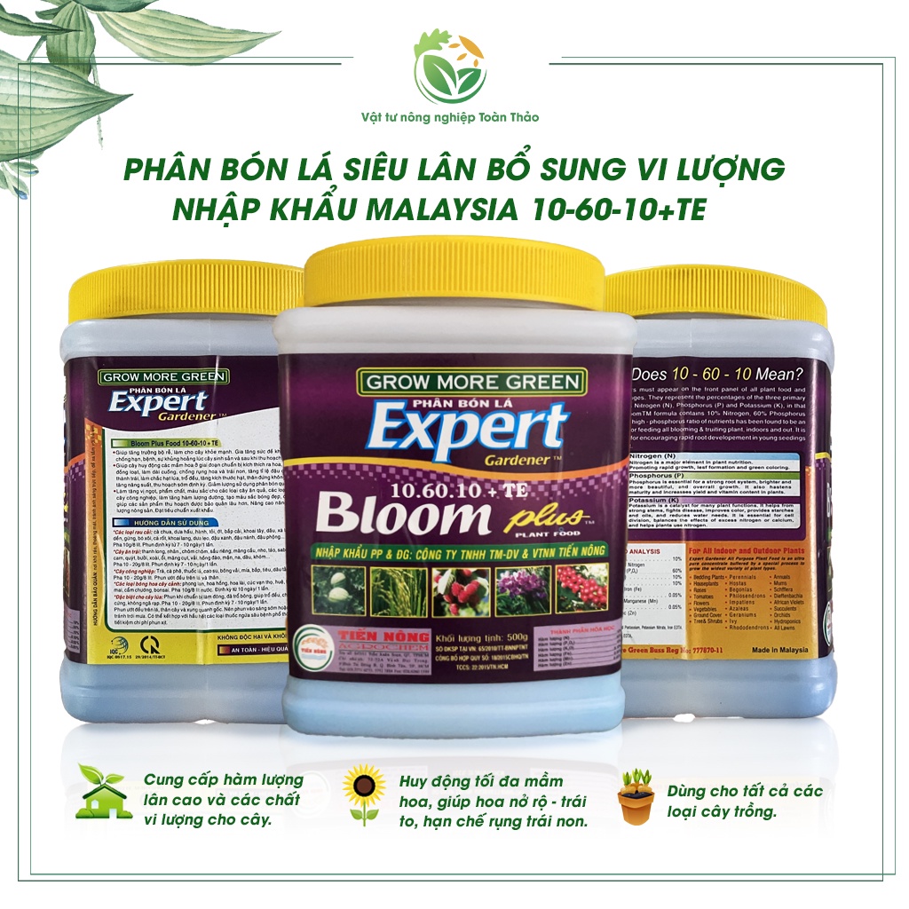 Phân bón lá Growmore Green plus siêu lân bổ sung vi lượng 10-60-10+TE hộp 500gr - nhập khẩu Malaysia