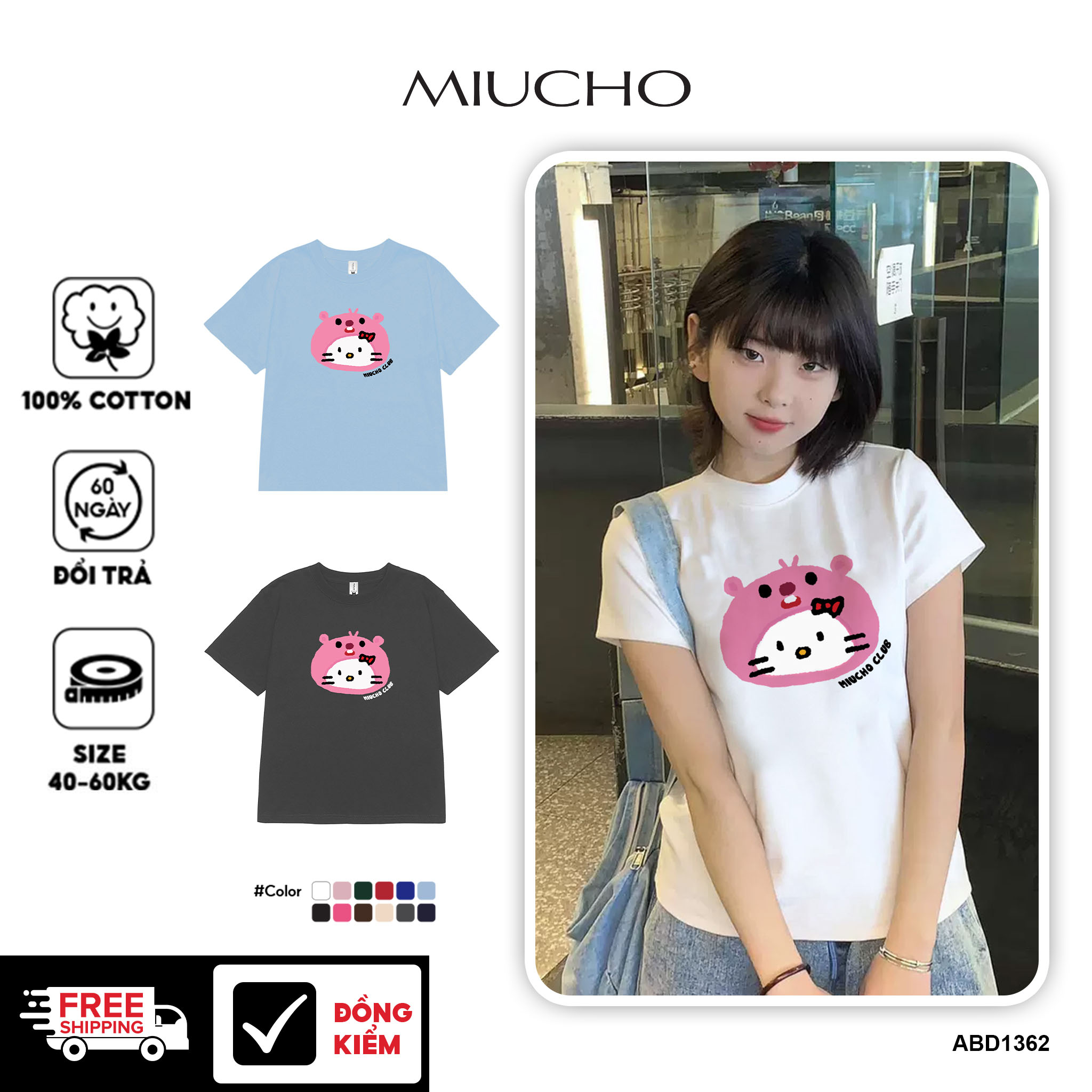 Áo thun baby tee mặt mèo đáng yêu ABD1362 Miucho cổ tròn form rộng in mix
