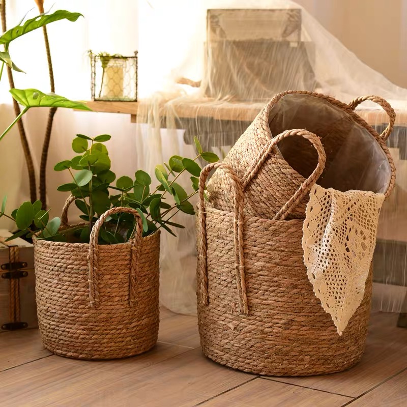 Giỏ cói trồng cây, giỏ cói có quai cầm, giỏ đựng đồ