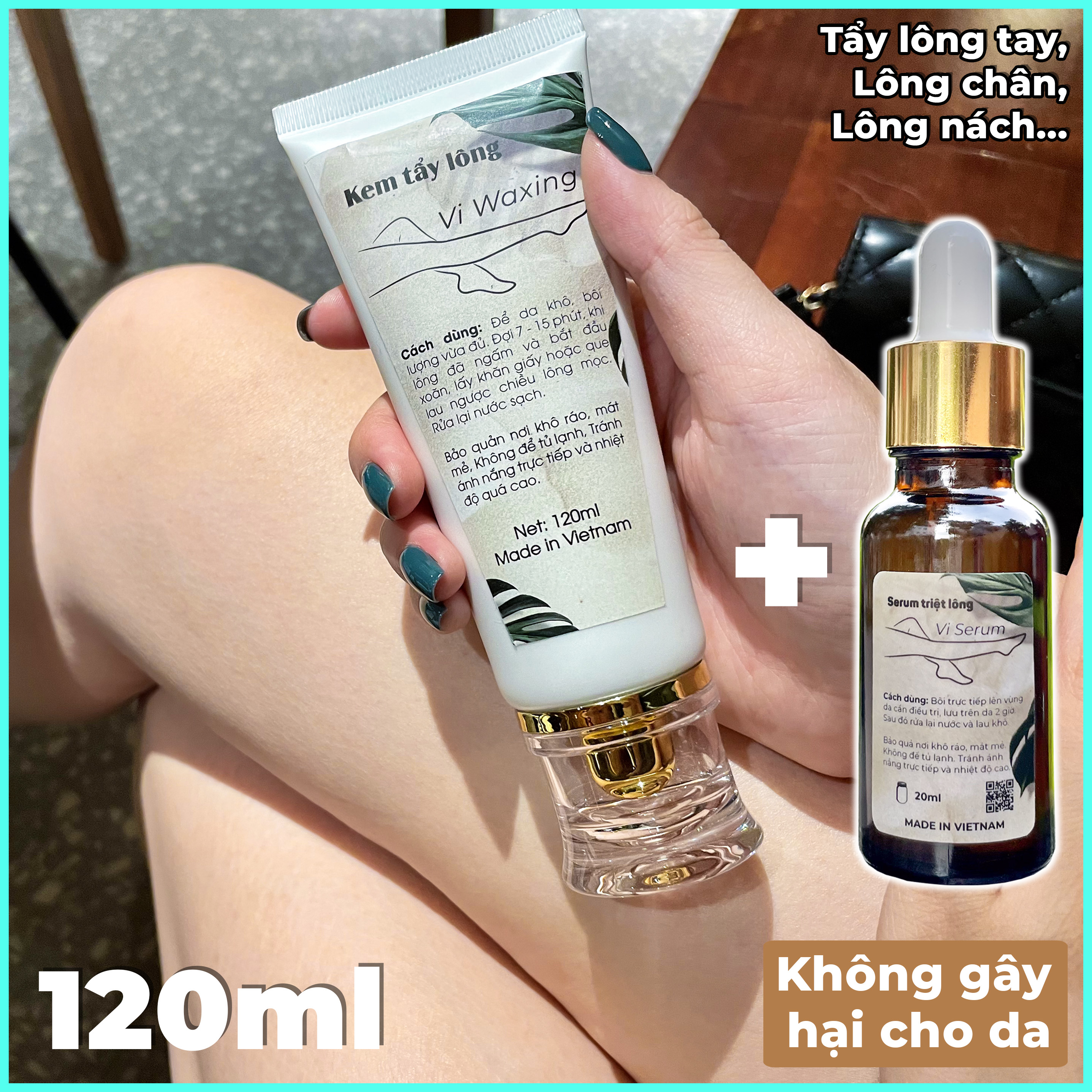 Full Combo tẩy lông Vi Waxing + Serum Tẩy lông chân, Tẩy lông tay, Tẩy lông Bikini, Tẩy lông nách. Dịu nhẹ