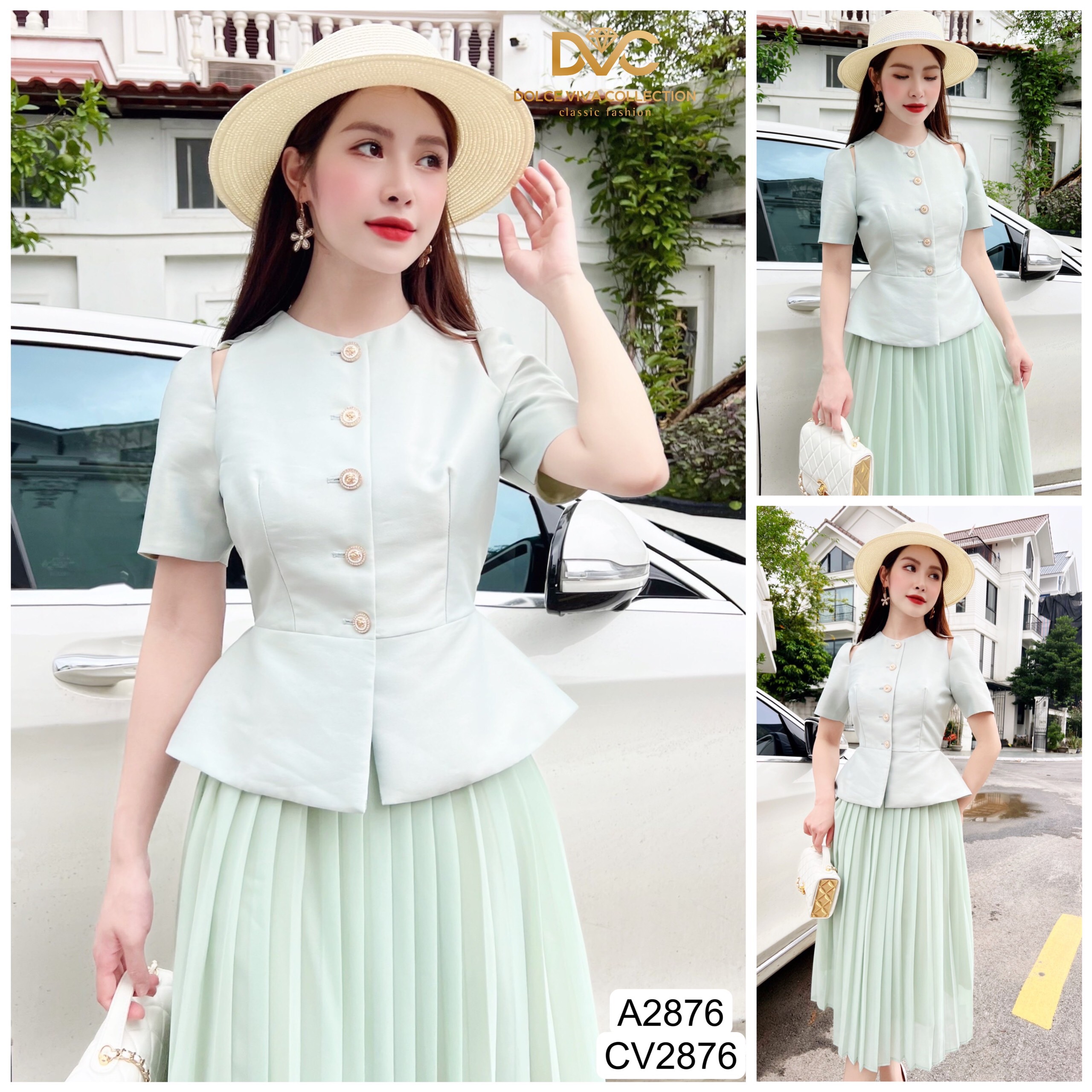 Set áo peplum tafta xanh mint + chân váy xếp ly s2876 - dolce viva collection