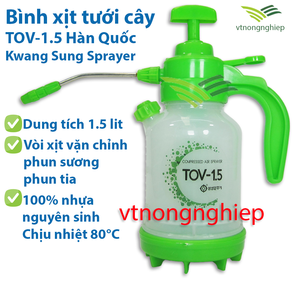 Bình xịt tưới cây phun sương TOV -1.5L, HÀN QUỐC, vòi phun dài,nhựa nguyên sinh, chịu nhiệt 80°C, tưới phun sương, phun mưa cây hoa cảnh quanh nhà