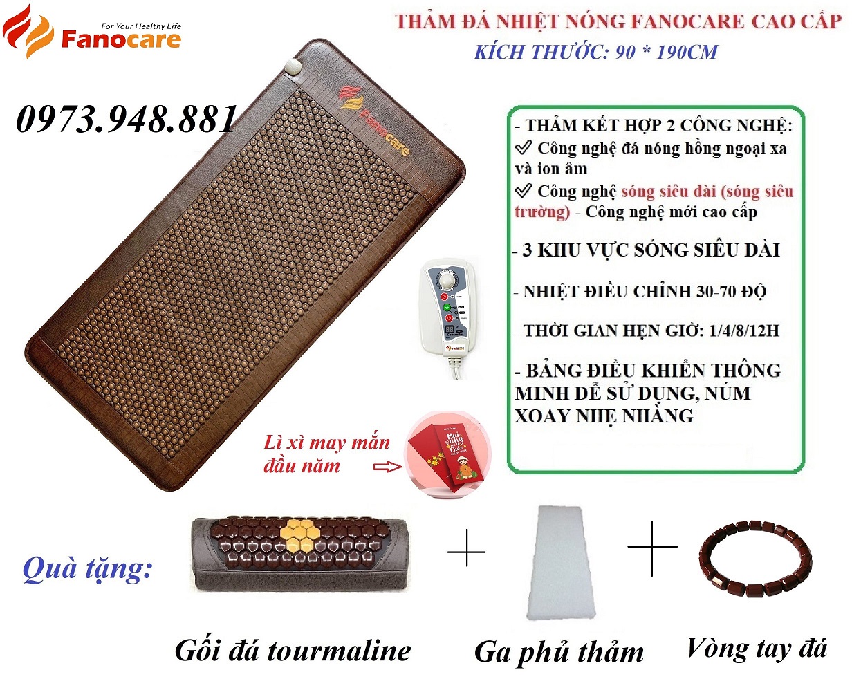 Thảm đá nhiệt nóng HQ Fanocare KT 90*190cm đá lục giác mắt ngọc kèm sóng siêu dài