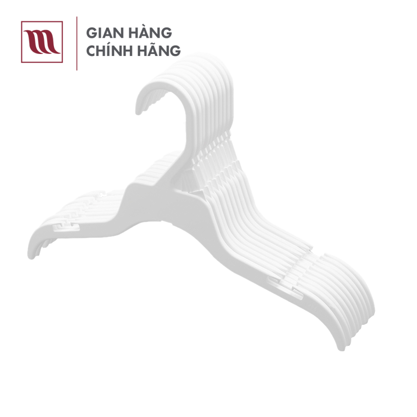 Combo 10 Móc treo áo trẻ em chính hãng Mainetti, màu trắng, nhựa an toàn, cứng cáp, bền bỉ, có 2 rãnh 2 bên giúp cố định áo