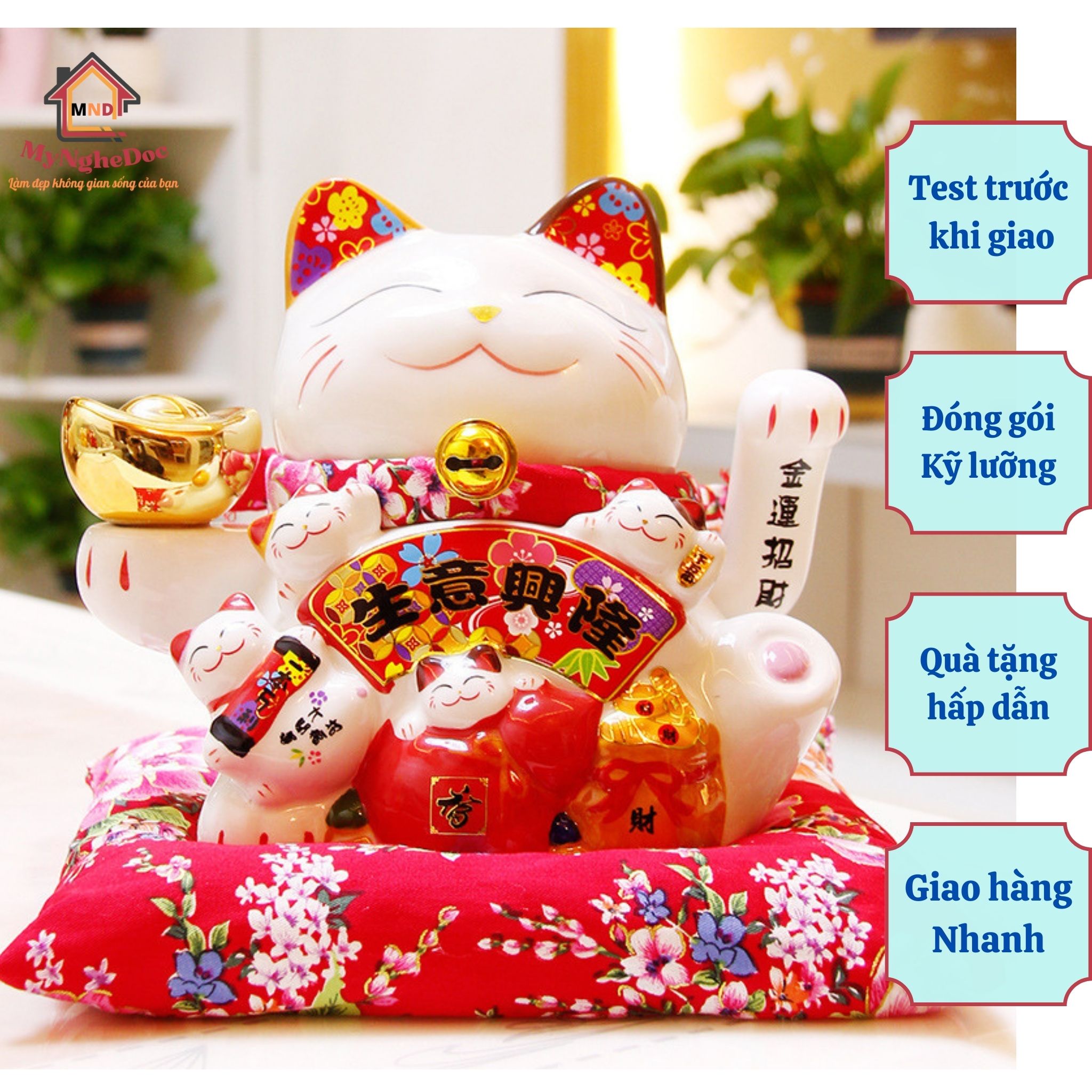 Mèo thần tài vẫy tay Đại Cát Đại Lợi 6 inch cao 18 cm, quà khai trương cho shop kinh doanh, cửa hàng, đặt quầy lễ tân, thu ngân