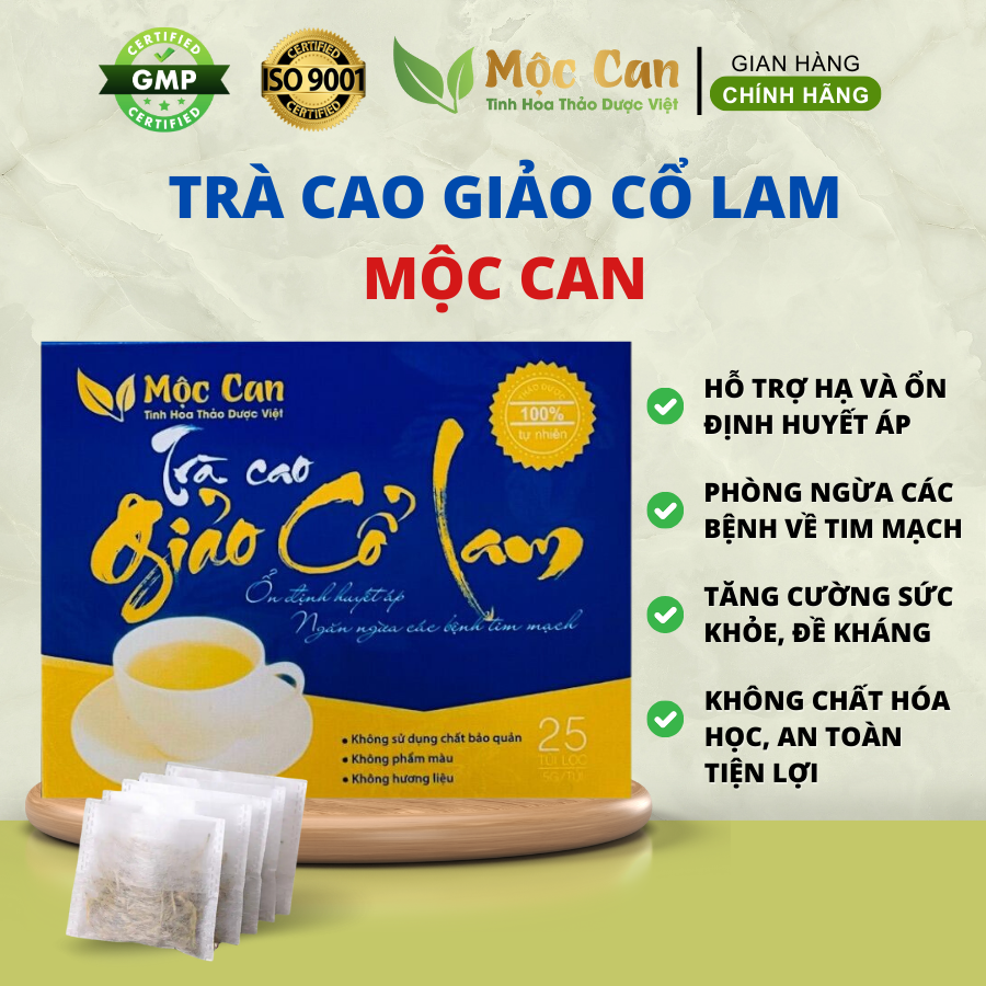 Trà Cao Giảo Cổ Lam Mộc Can - Trà túi lọc giúp hạ và ổn định huyết áp, giảm mỡ máu, ngăn ngừa xơ vữa động mạch