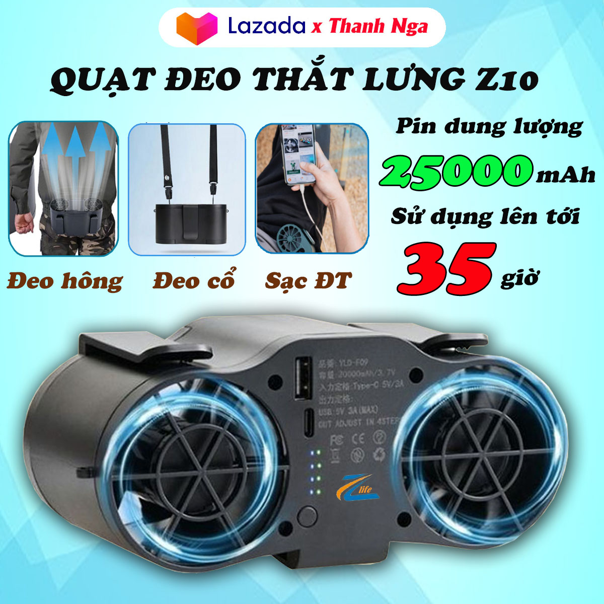 (MẪU MỚI 2024) Quạt đeo cổ mini đeo hông pin siêu trâu, Quạt áo điều hòa cao cấp kiêm sạc dự phòng quạt đeo thắt lưng quạt điều hòa di động đeo hông-cổ quạt kẹp tích điện lửng 2 luồng 4 cấp
