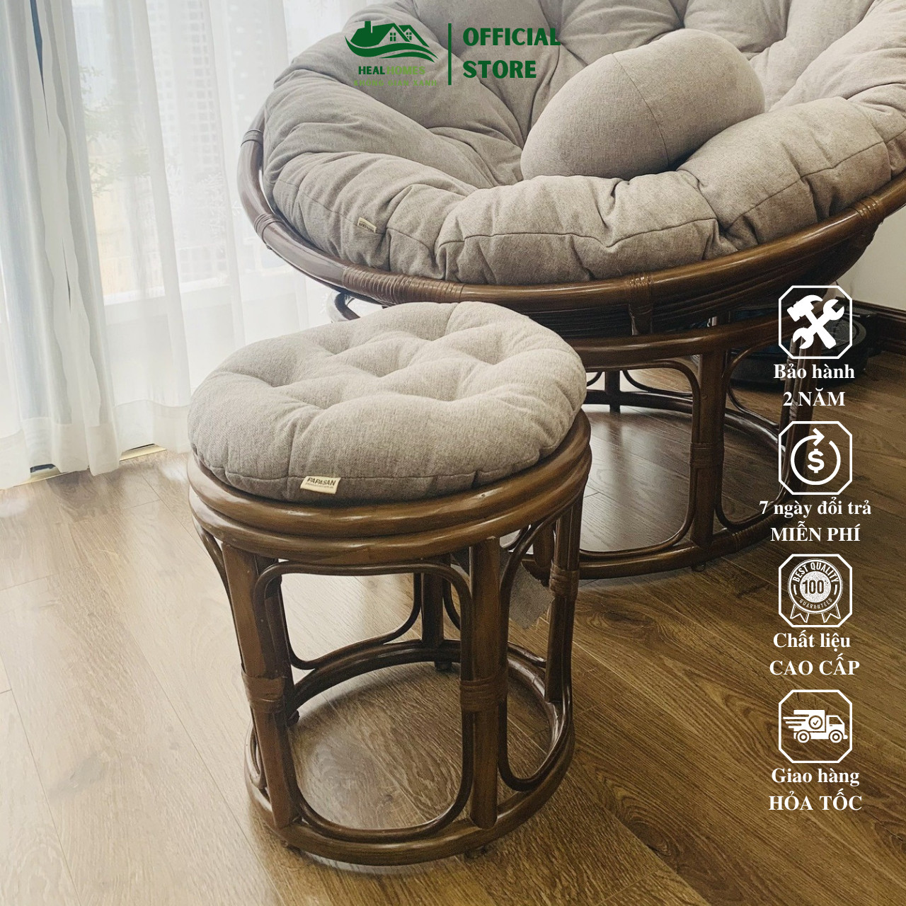 Ghế lười thư giãn Đôn Papasan mây tự nhiên, decor ban công nằm thư giãn đọc sách, trang trí phòng khách / HealHomes