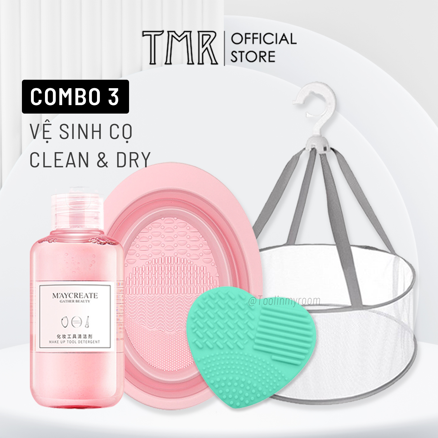 Bộ dụng cụ vệ sinh cọ trang điểm TMR Clean and Dry Combo set giỏ phơi cọ, nước rửa cọ tiện lợi