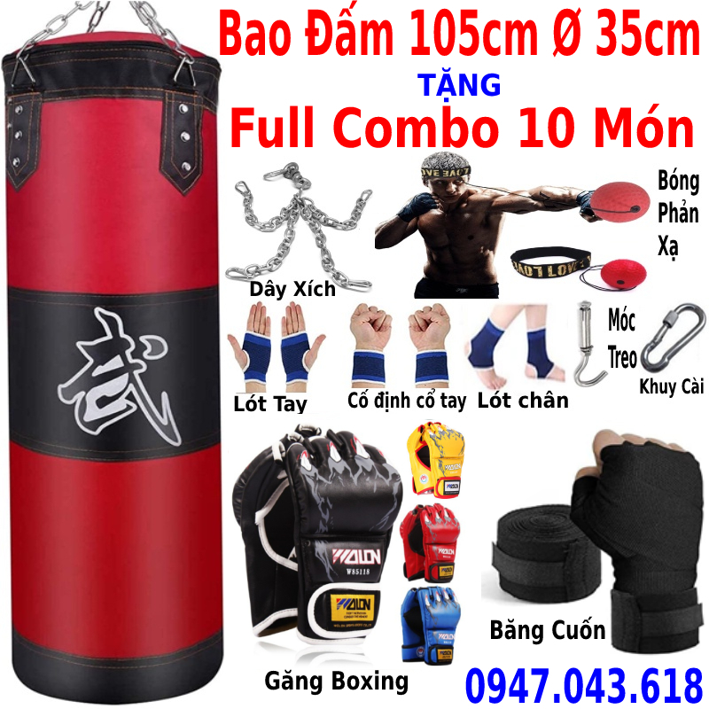 Vỏ bao cát boxing đấm bốc 4 lớp dài 105cm, đường kính 35cm tặng full 10 món găng boxing MMA + bóng phản xạ+ băng cuốn tay + dây xích + khuy cài + vít nở
