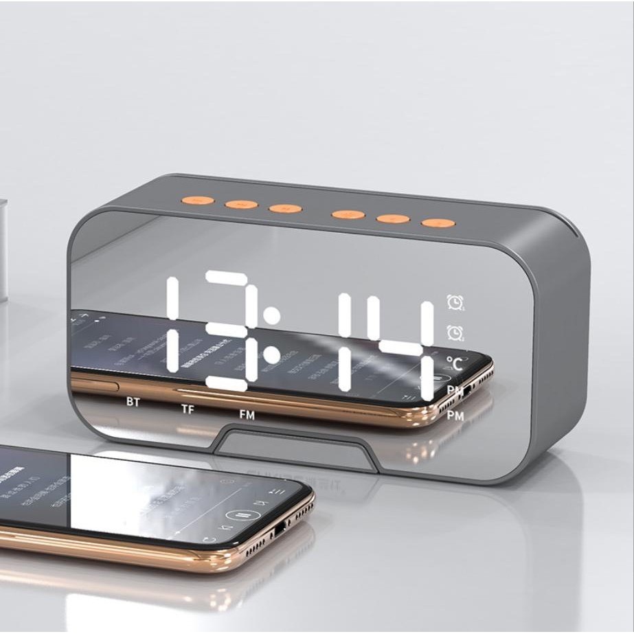 Loa bluetooth kiêm đồng hồ báo thức nghe đài FM màn hình tráng gương hiển thị đèn led
