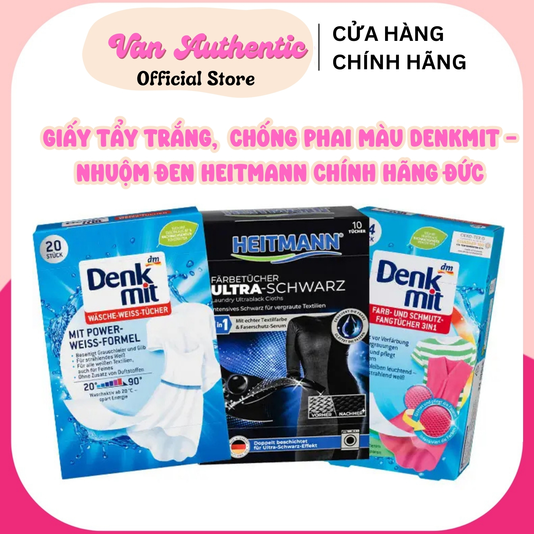Bộ Giấy tẩy trắng, tẩy trắng cổ áo,giấy chống phai màu quần áo Denkmit và giấy nhuộm đen Heitmann Đức- Date mới Đủ Bill