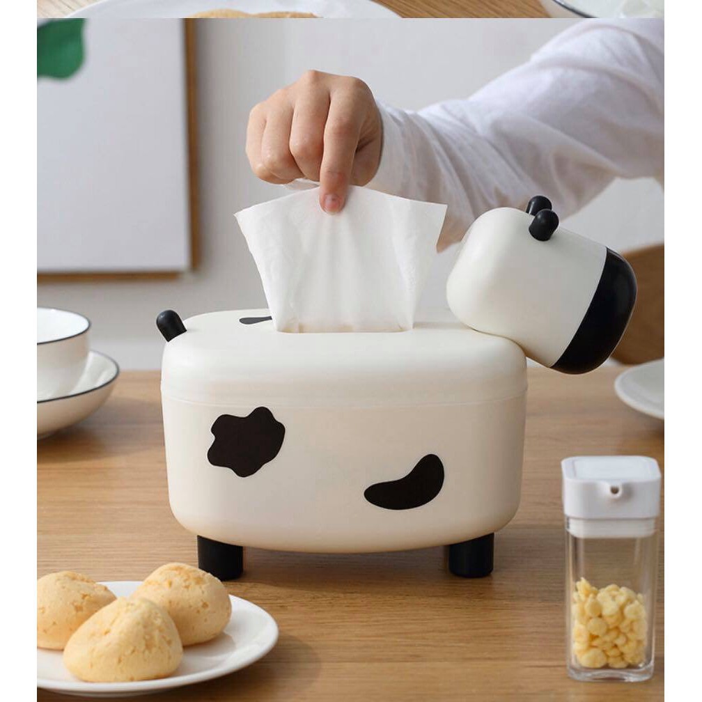 Hộp đựng giấy ăn tích hợp ống đựng tăm hình bò sữa 2in1 siêu cute