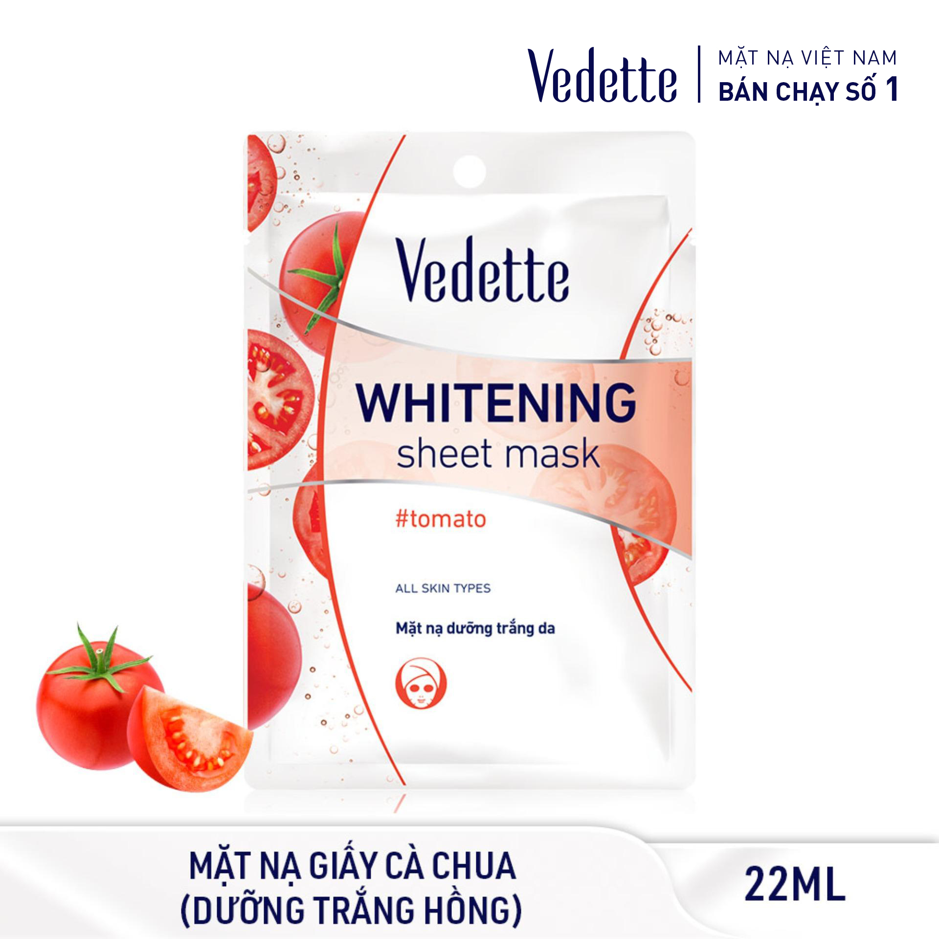 Mặt nạ giấy trắng da cà chua 22ml vedette - tươi trẻ & đều màu - tpm020