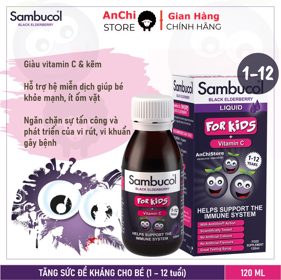 Siro tăng đề kháng cho bé từ 1 - 12 tuổi Sambucol Liquid giàu vitaminc, ngăn chặn ốm vặt
