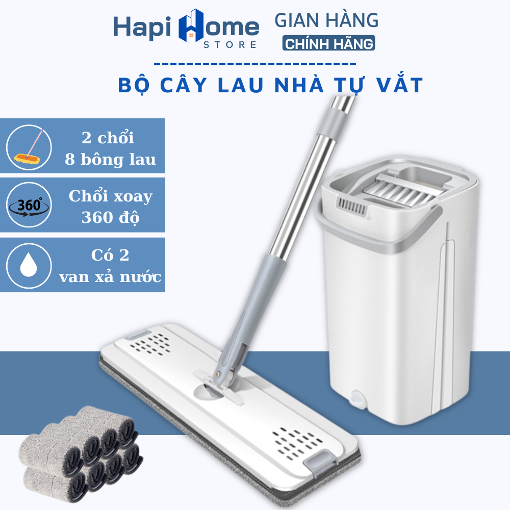Bộ chổi lau nhà gồm 2 chổi và 8 bông lau, chổi lau nhà tự vắt có thùng tách nước bẩn chia ngăn, chổi lau nhà xoay 360 độ