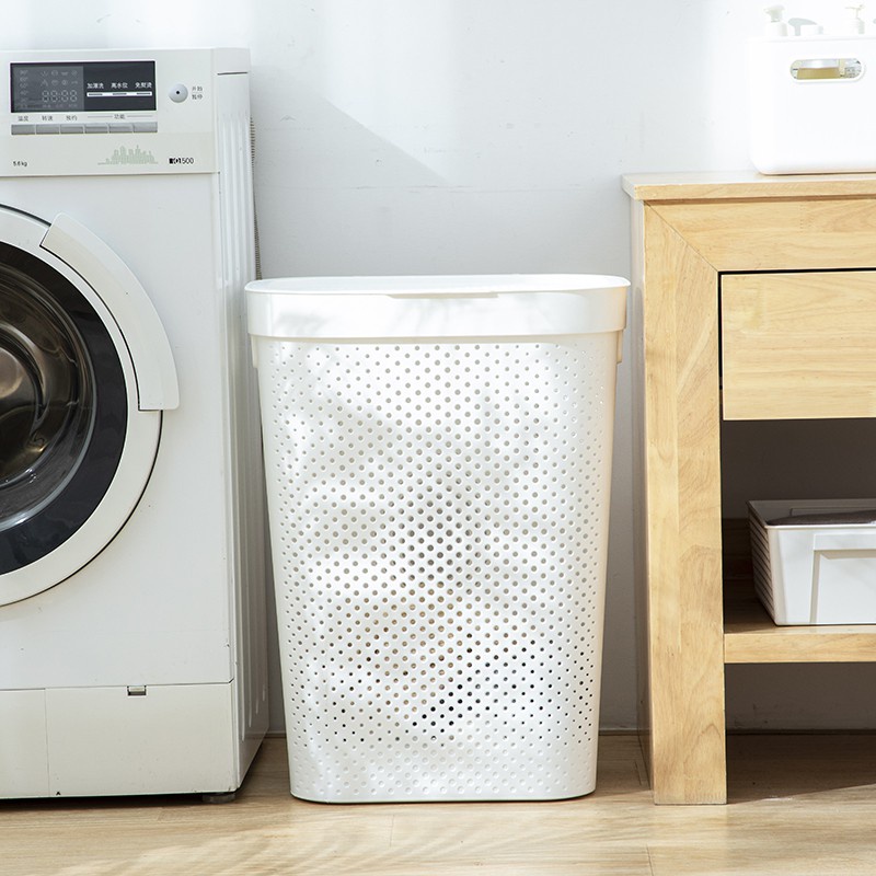 Đang có sẵn Giỏ đựng quần áo màu xám trắng 45L 60L Phong cách Nhật Bản có nắp đậy Giỏ đựng quần áo bẩn Giỏ lồng nhựa