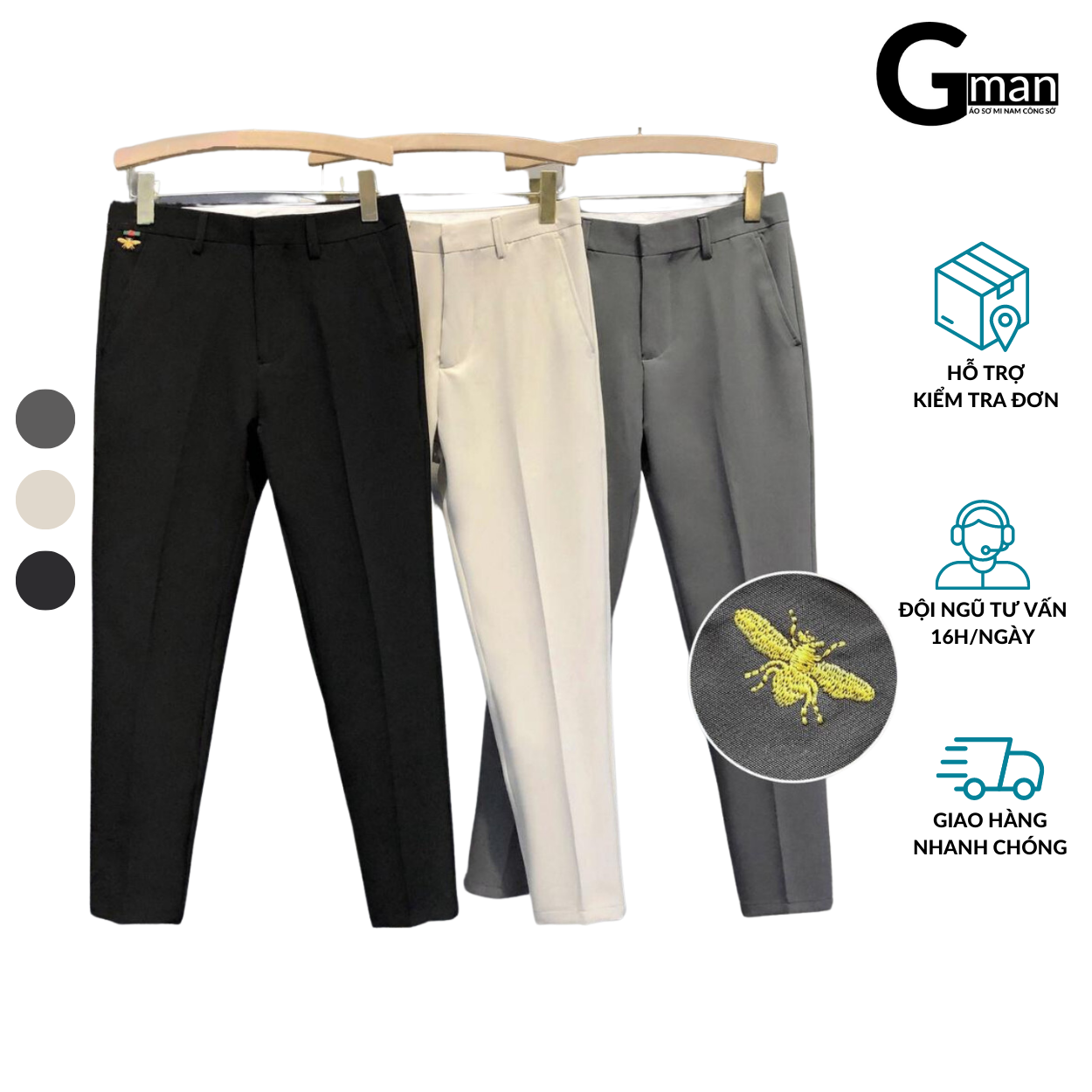 Quần âu nam thêu ong họa tiết GMAN, Quần tây nam ống côn phong cách Hàn Quốc, trẻ trung, co giãn 4 chiều (QATO)