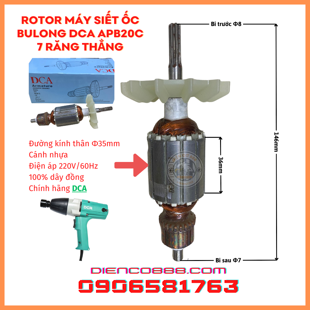 Rotor máy siết ốc bulong dca apb20c, makita 6905b 7 răng 220v - tặng chổi than