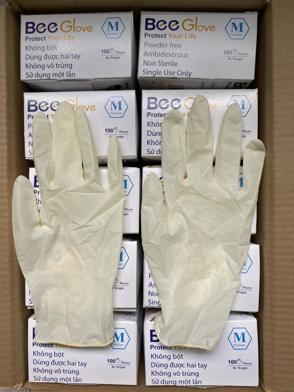 Găng tay cao su y tế Bee Glove latex không bột màu trắng kem