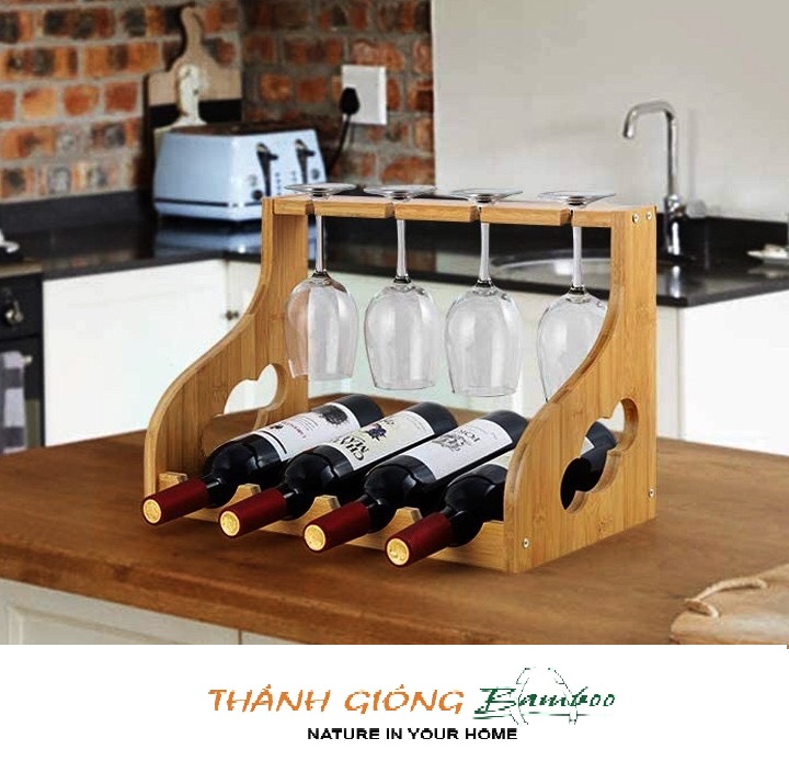 KỆ RƯỢU NGANG 4 CHAI +4 LY