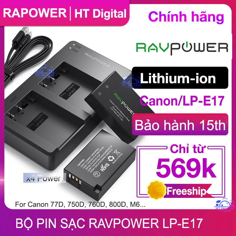 Bộ 2 Pin RAVPower LP-E17 Và Sạc Kép Cho Canon LP-E17 77D 750D 760D 800D 8000D 200D M3 M5 M6 (Chính hãng)