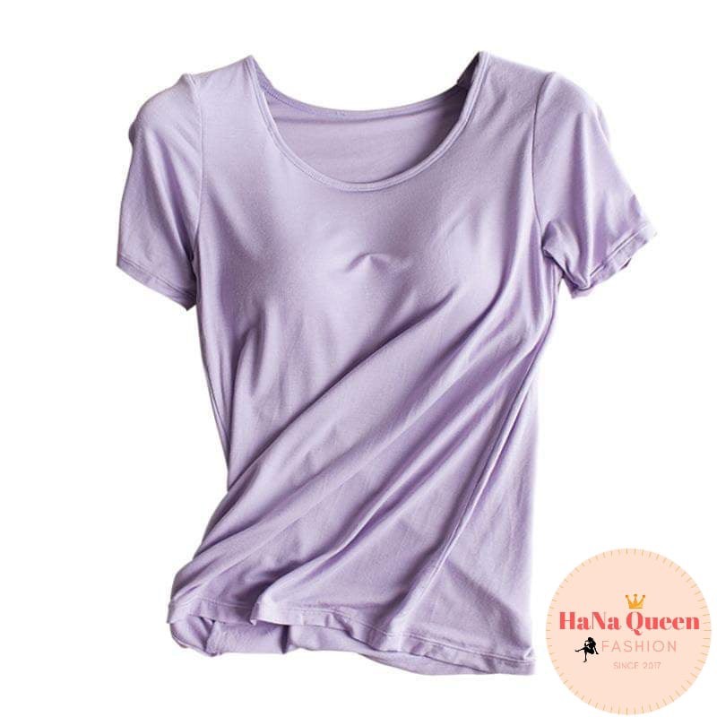 Áo phông nữ cộc tay kèm bra liền, cổ tròn, nhiều màu chất vải cotton thoáng khí thấm hút tốt